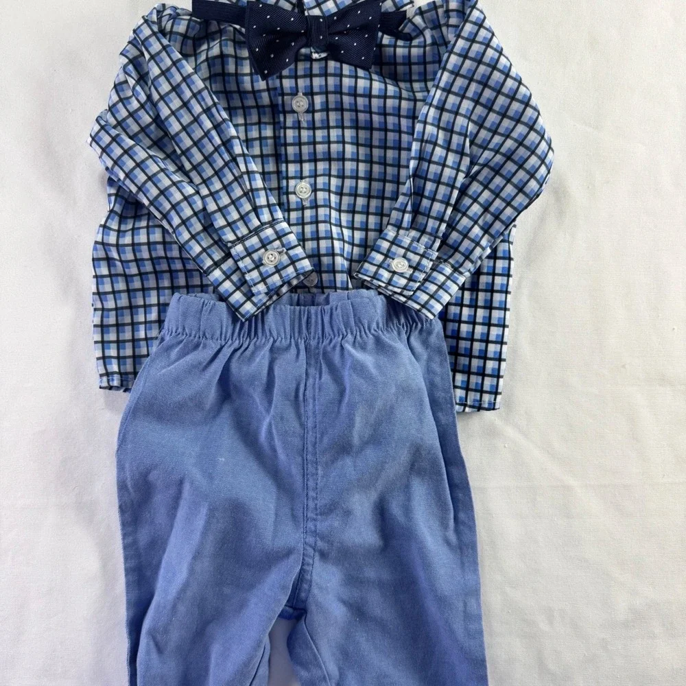 Happy‎ Fella Outfit Set Boys 6-9M Blue Checkered Shirt Pants Bow Tie 3pc Set